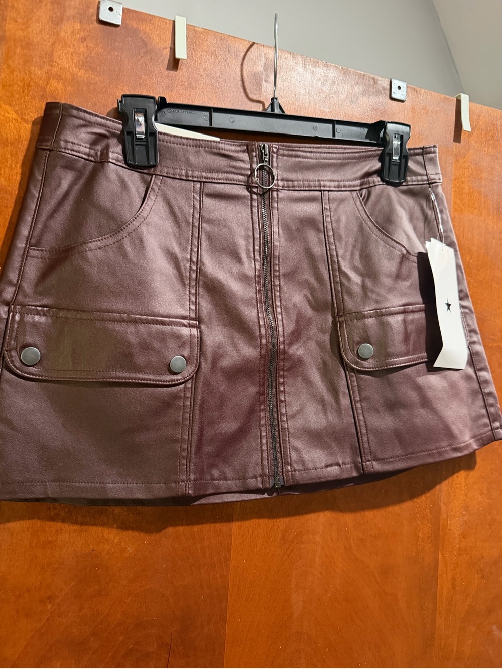 Vanilla Star Burgundy Faux Leather Mini Skirt with Front Zip & Pockets